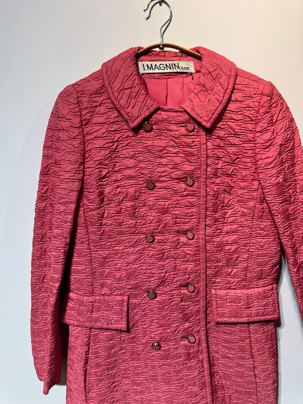 I. Magnin & Co. Textured Quilted Double-Breasted Coat – Raspberry Pink (1970s)