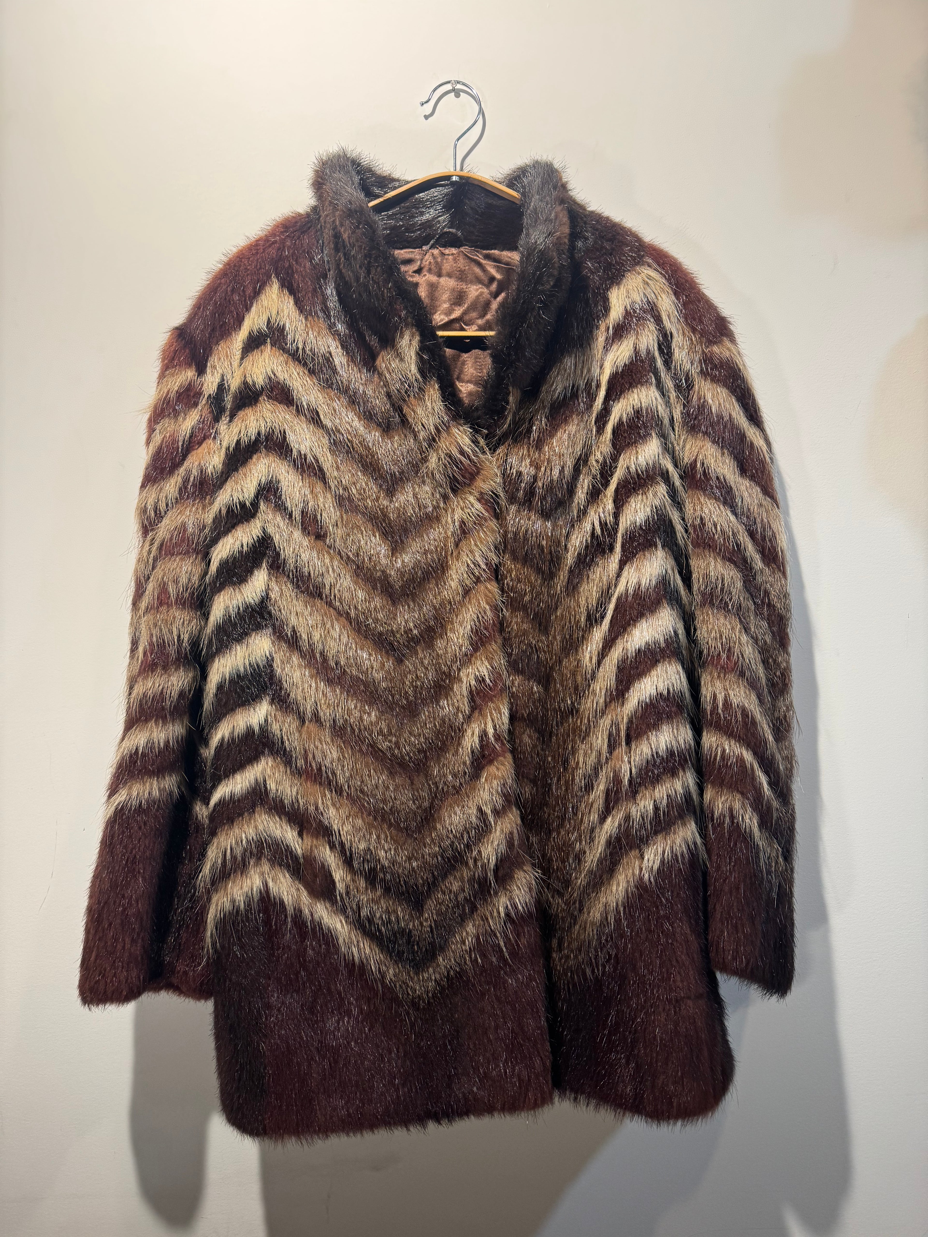 Vintage Chevron Raccoon Fur Coat with Mink Collar