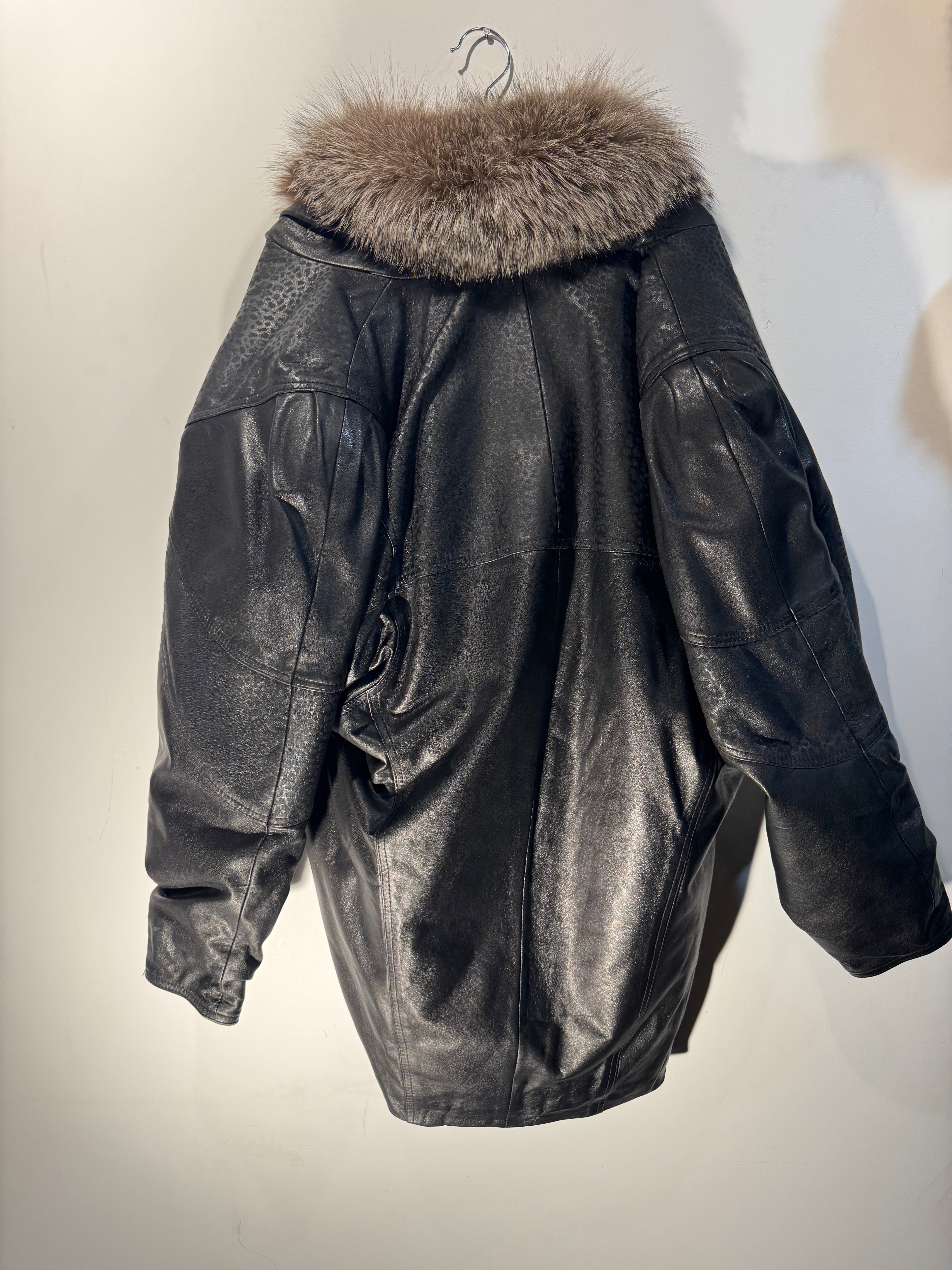 Vintage Black Leather Coat with Silver Fox Fur Collar