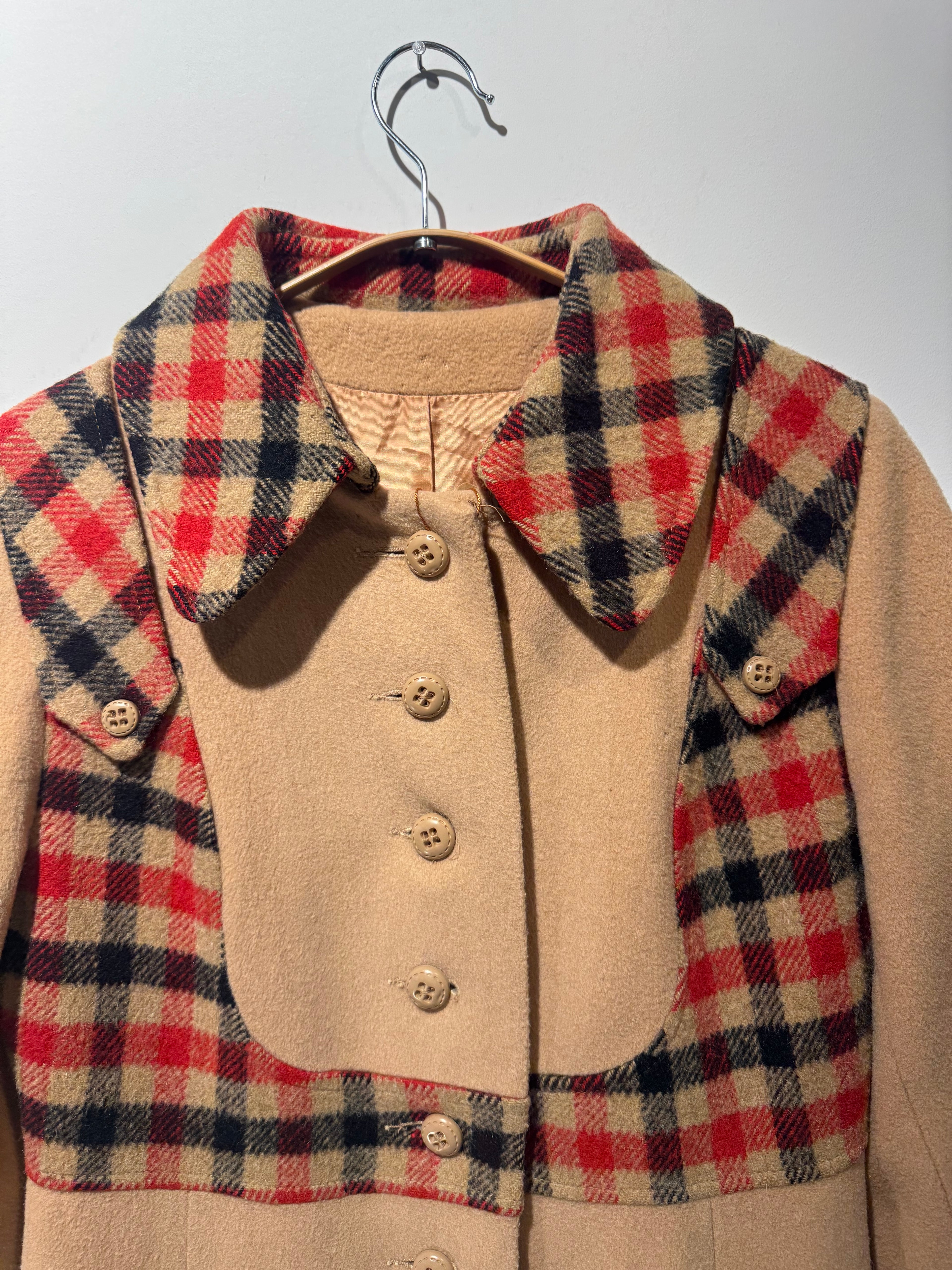 Vintage Wool Coat with Plaid Trim