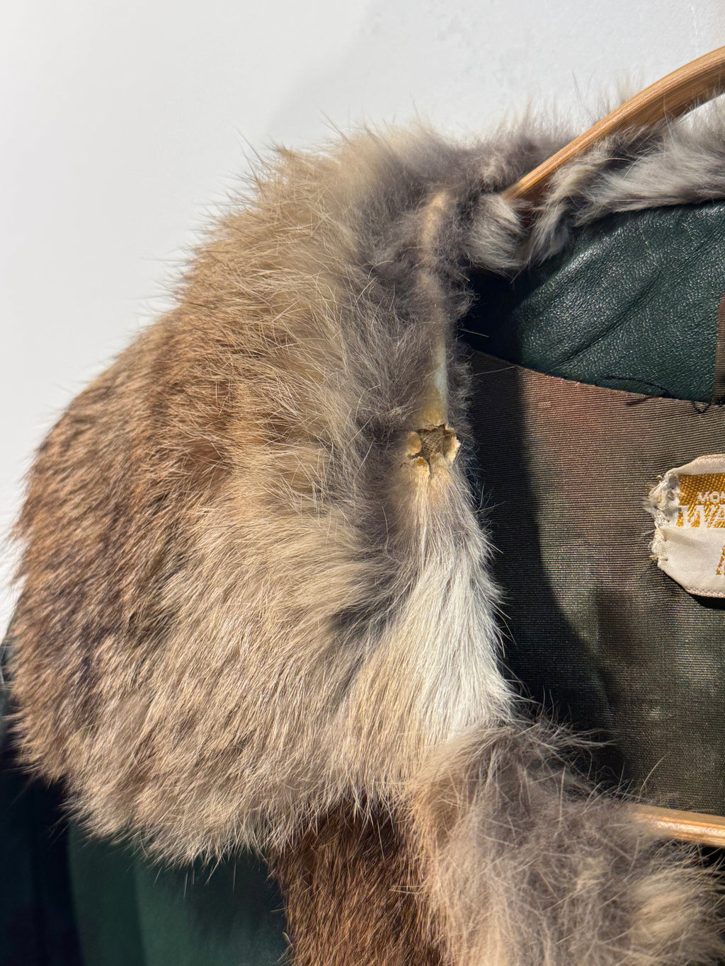 Vintage Montgomery Ward Leather Coat with Rabbit Fur Trim