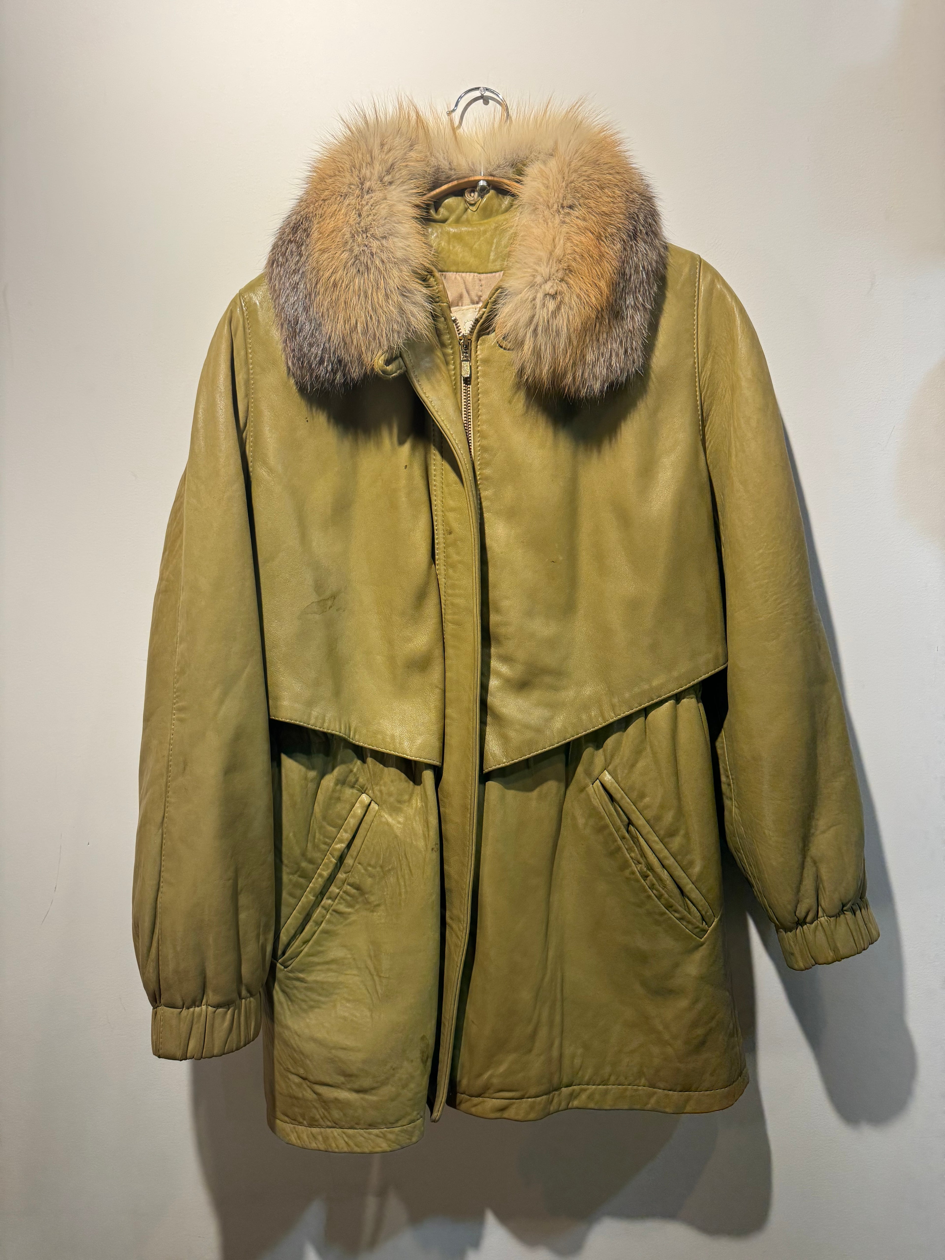 Caché Lambskin Leather Parka with Genuine Fox Fur Collar