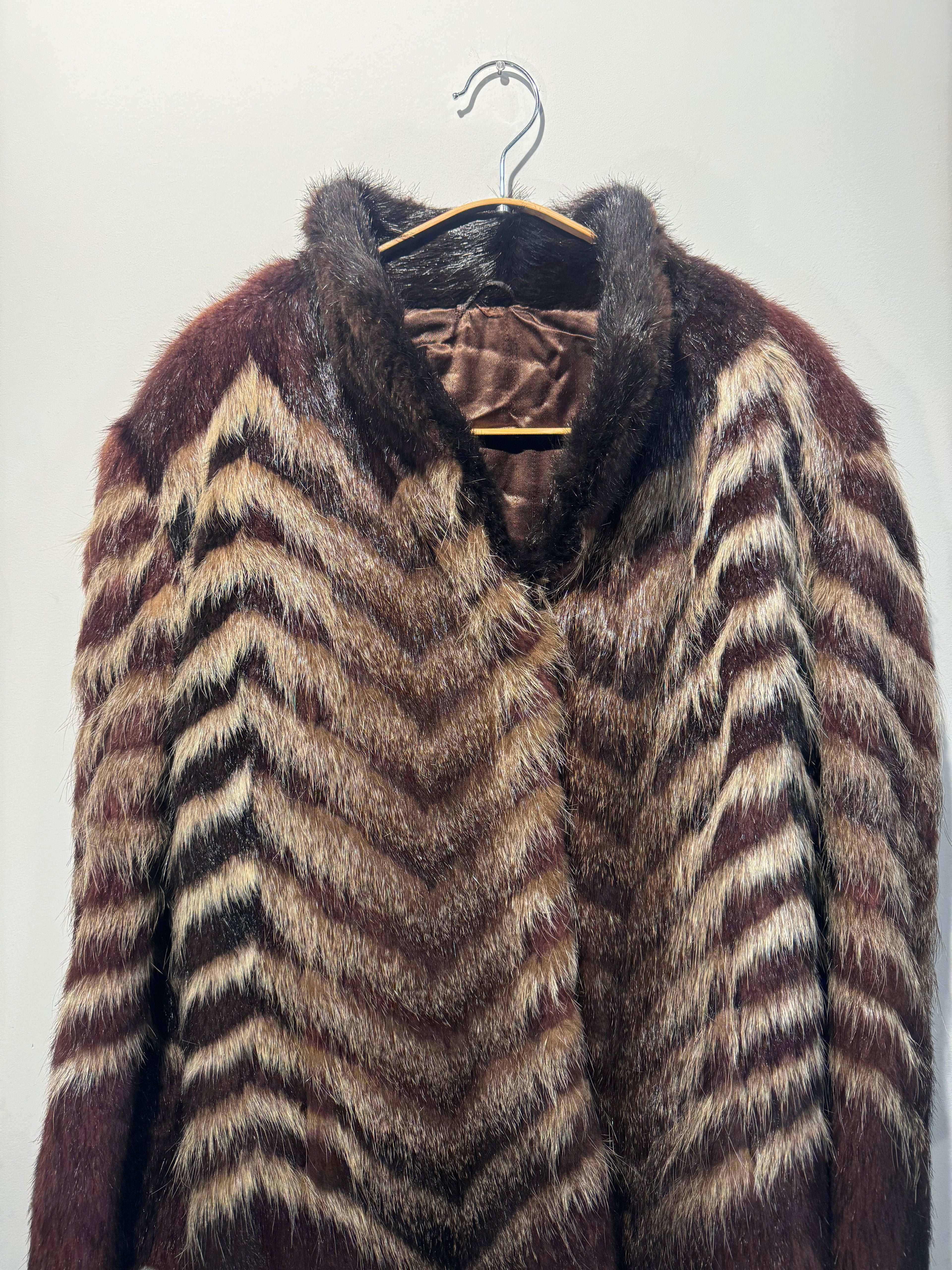 Vintage Chevron Raccoon Fur Coat with Mink Collar