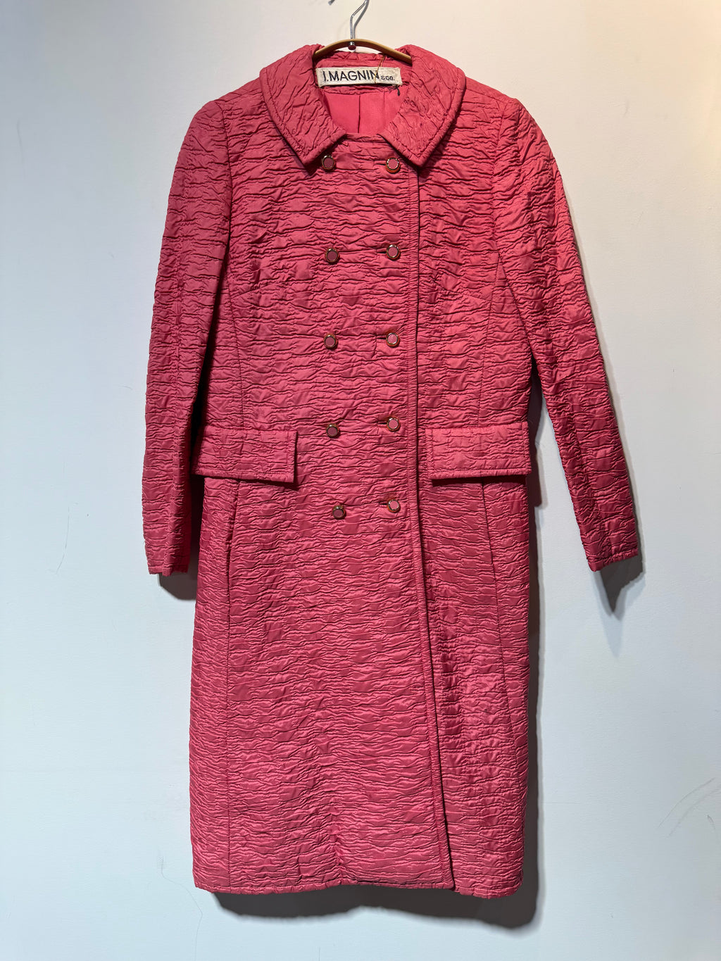 I. Magnin & Co. Textured Quilted Double-Breasted Coat – Raspberry Pink (1970s)