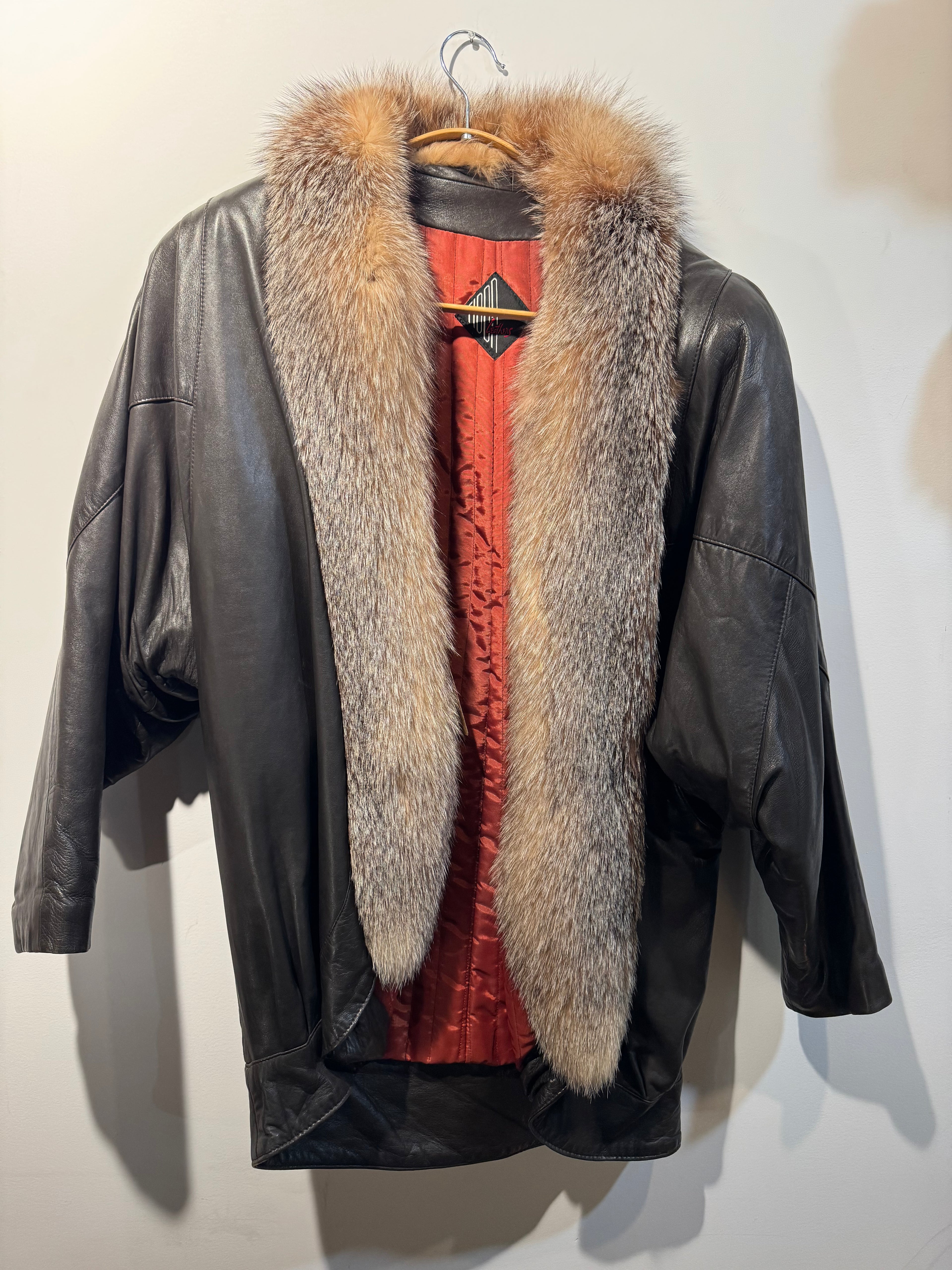 Vintage Tibor Leathers Leather Coat with Real Fox Fur Collar