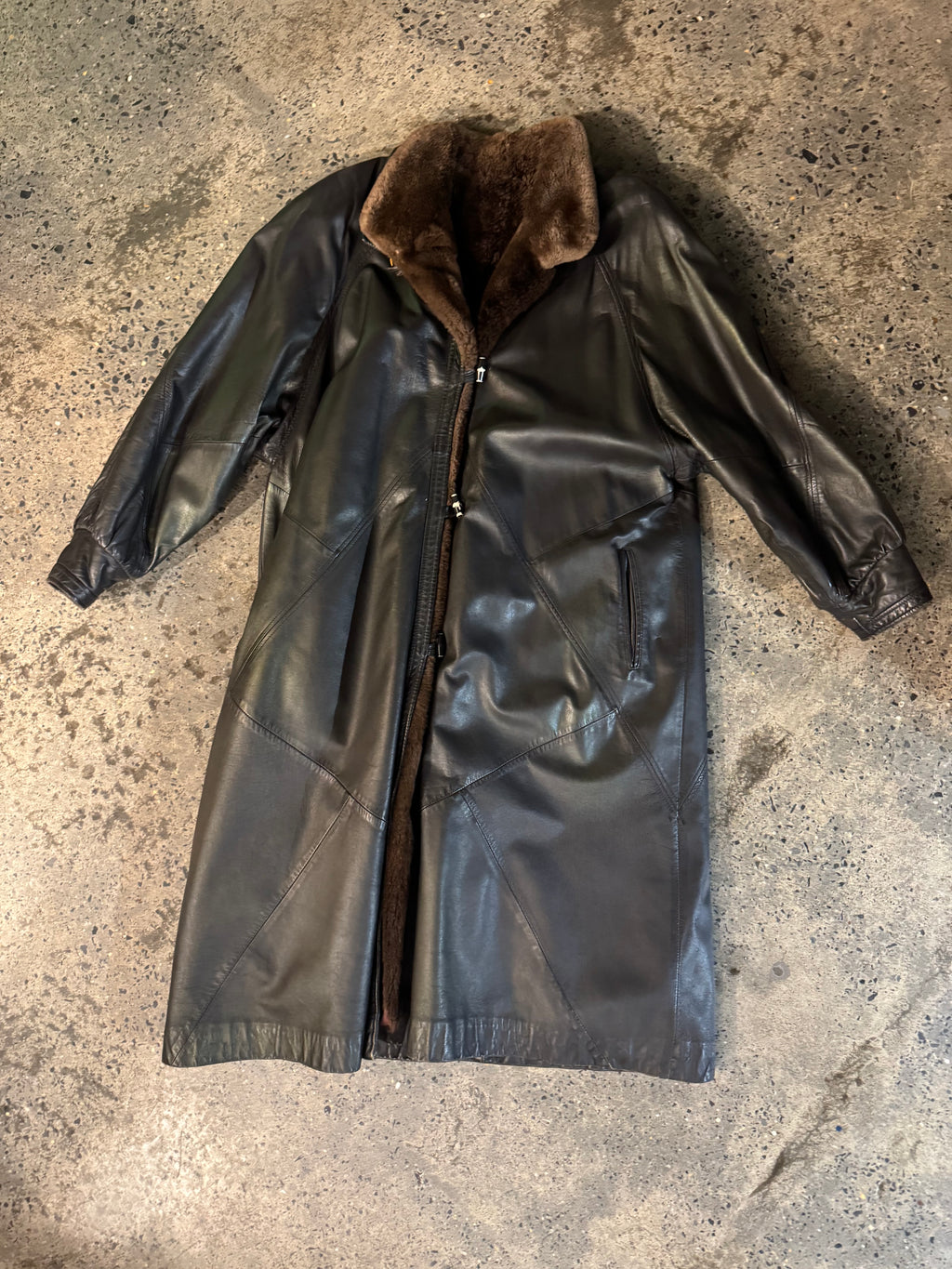 Vintage Leather Coat with Sheared Beaver Lining