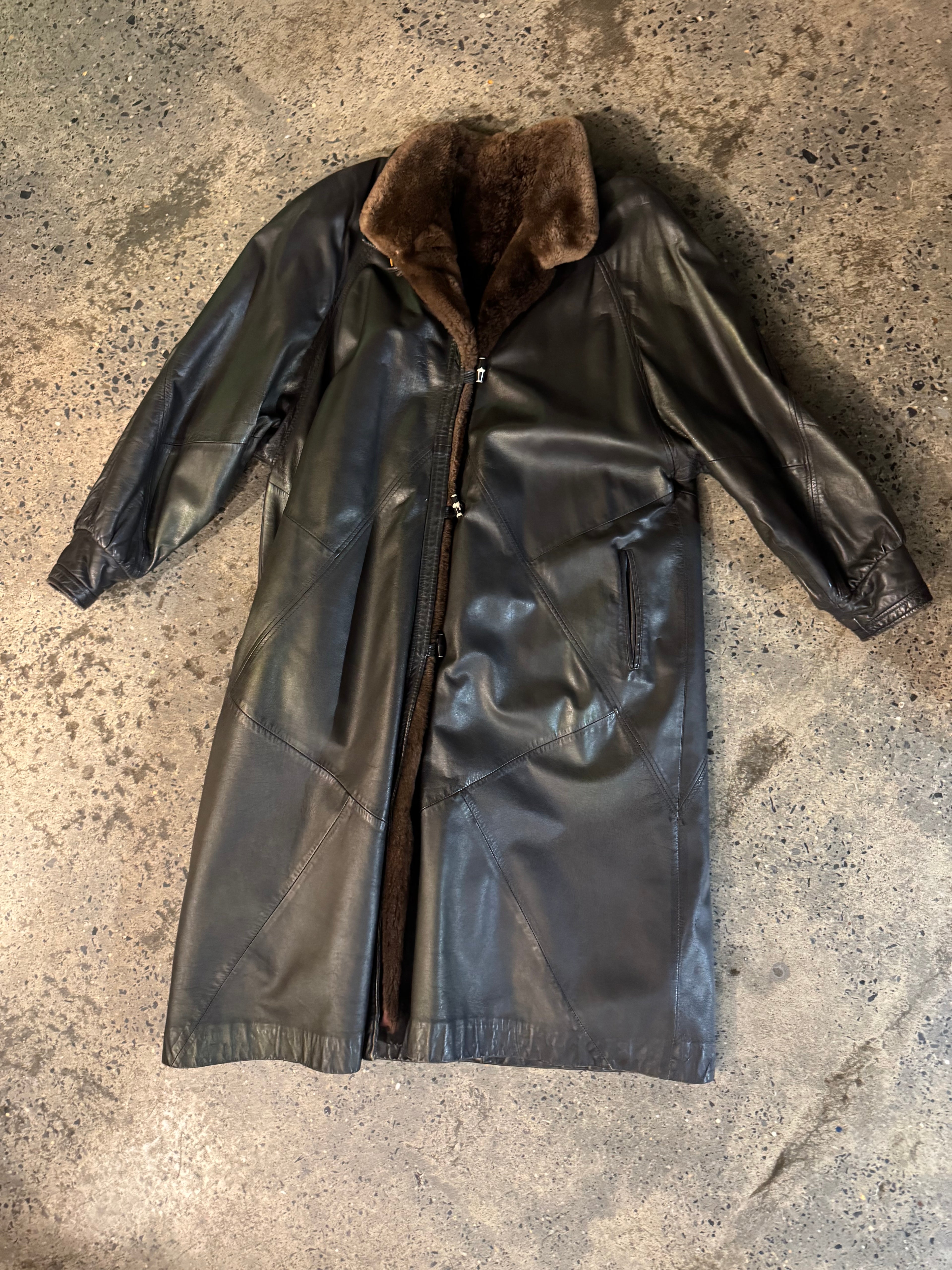 Vintage Leather Coat with Sheared Beaver Lining