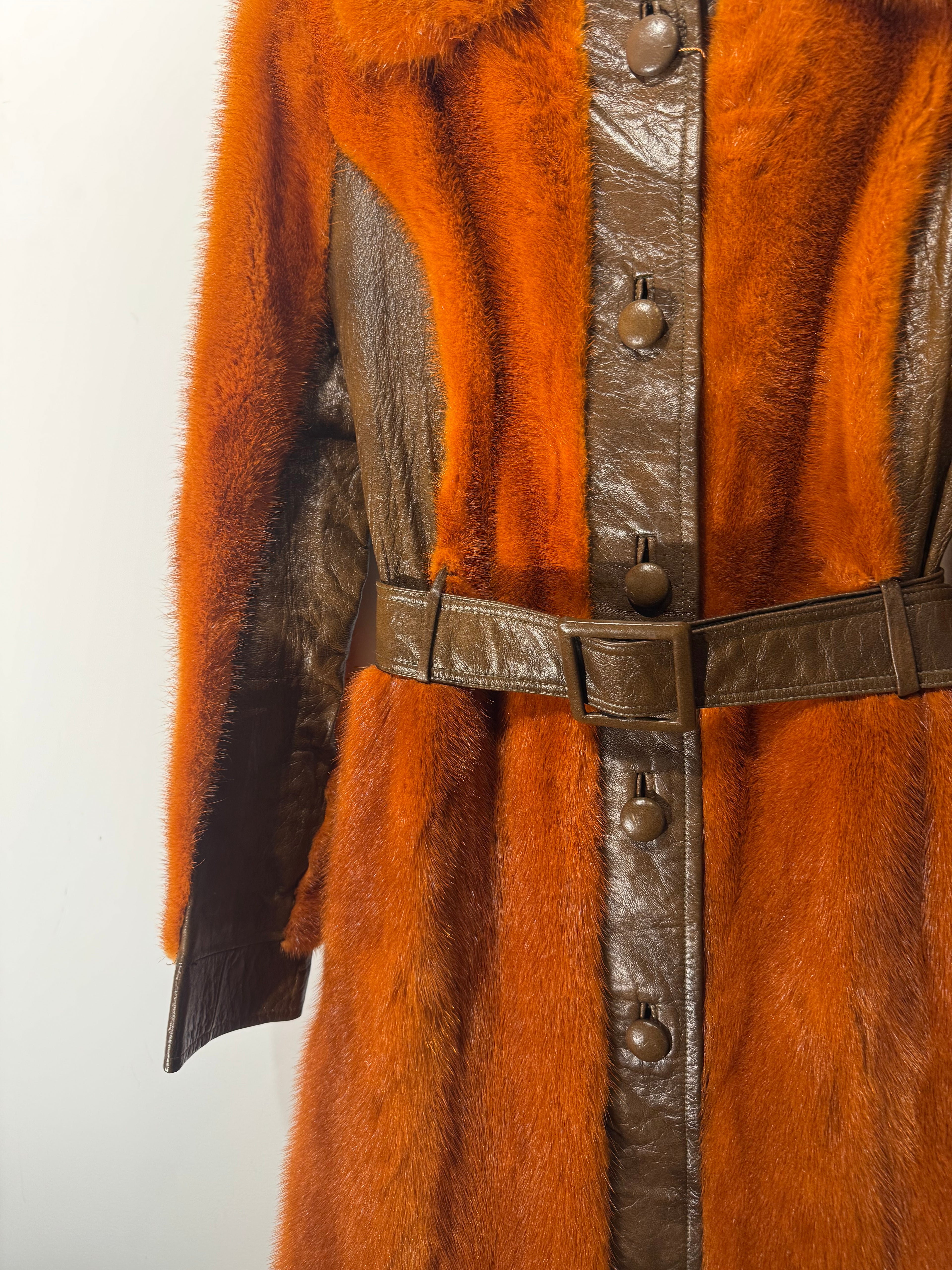 Vintage Orange Mink & Brown Leather Belted Coat